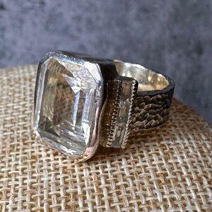 Deb Guyot .925 Silver Hammered Ring with Clear Emerald Cut Gemstone